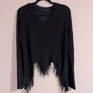 DIGS NYC shredded v neck cropped sweater black semi sheer knit NWT fall